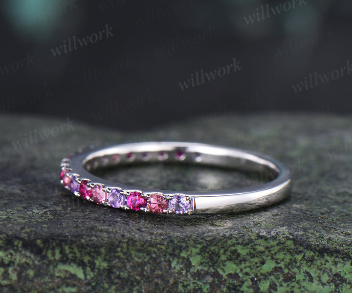 Minimalist Round Ruby Amethyst Pink Tourmaline Wedding Band Half Eternity Band Stacking Ring