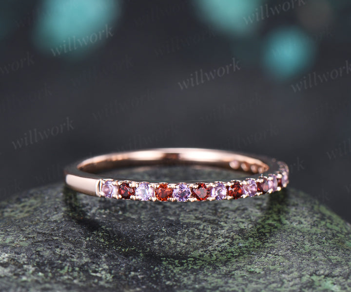 Natural Garnet Amethyst Wedding Band Round Cut Half Eternity Stacking Ring Minimalist Ring for Women