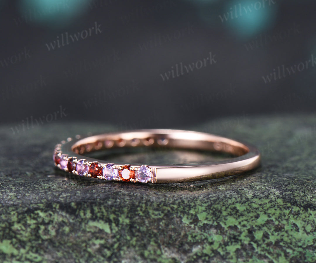 Natural Garnet Amethyst Wedding Band Round Cut Half Eternity Stacking Ring Minimalist Ring for Women