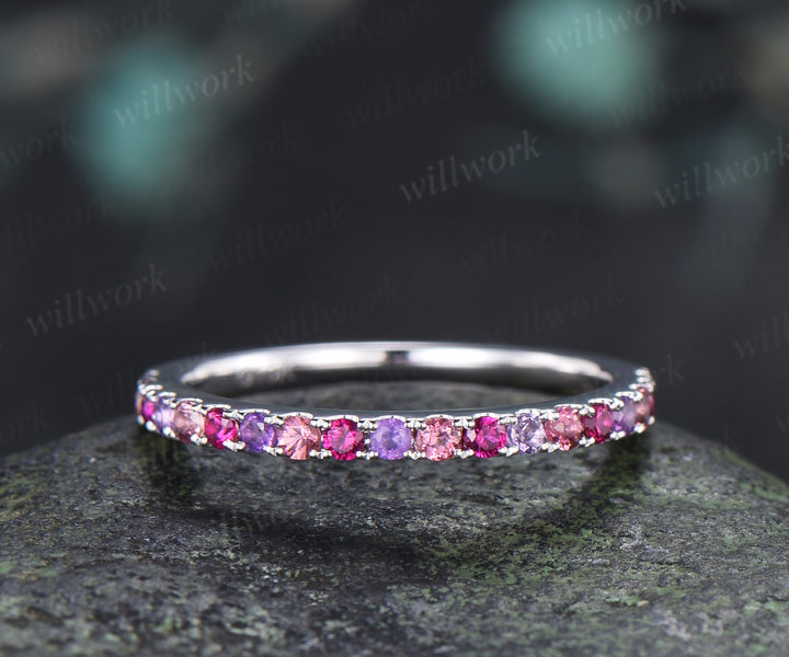 Minimalist Round Ruby Amethyst Pink Tourmaline Wedding Band Half Eternity Band Stacking Ring
