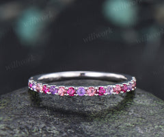 Minimalist Round Ruby Amethyst Pink Tourmaline Wedding Band Half Eternity Band Stacking Ring