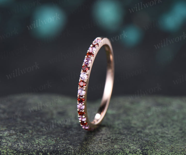 Natural Garnet Amethyst Wedding Band Round Cut Half Eternity Stacking Ring Minimalist Ring for Women