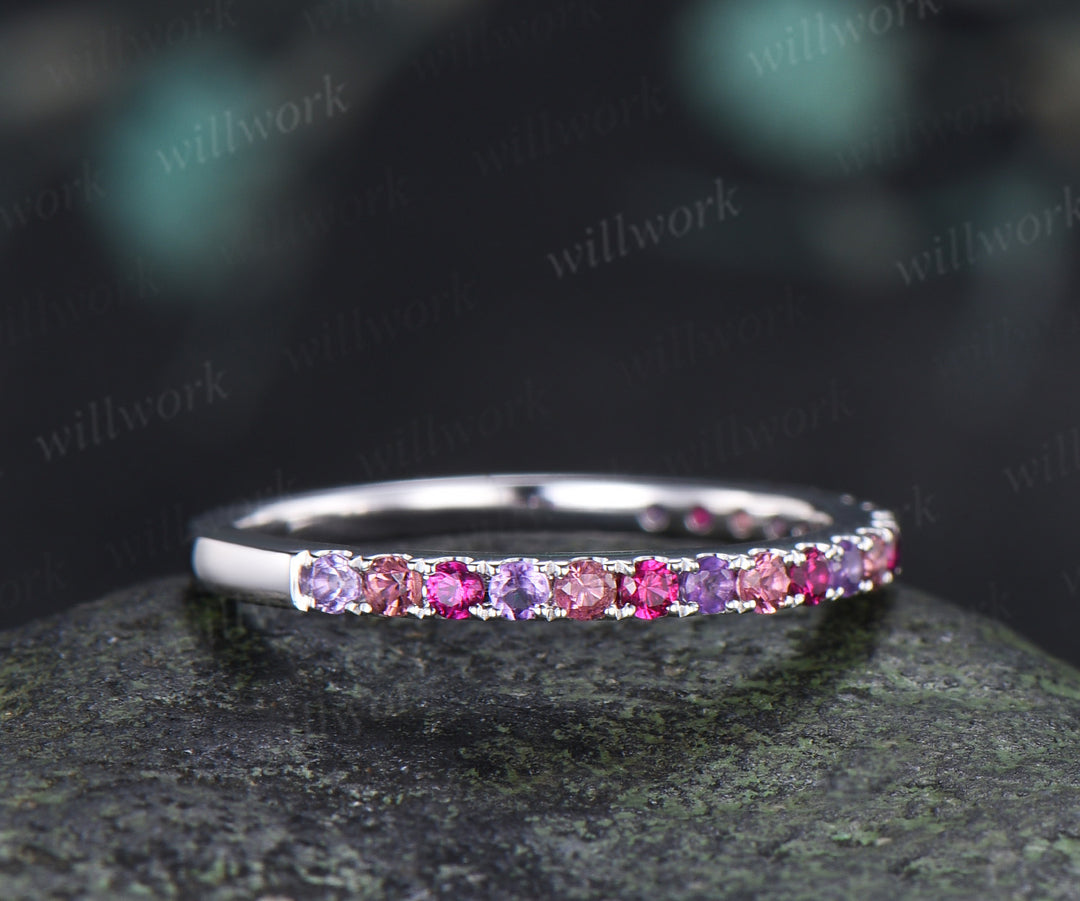 Minimalist Round Ruby Amethyst Pink Tourmaline Wedding Band Half Eternity Band Stacking Ring