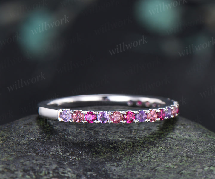 Minimalist Round Ruby Amethyst Pink Tourmaline Wedding Band Half Eternity Band Stacking Ring