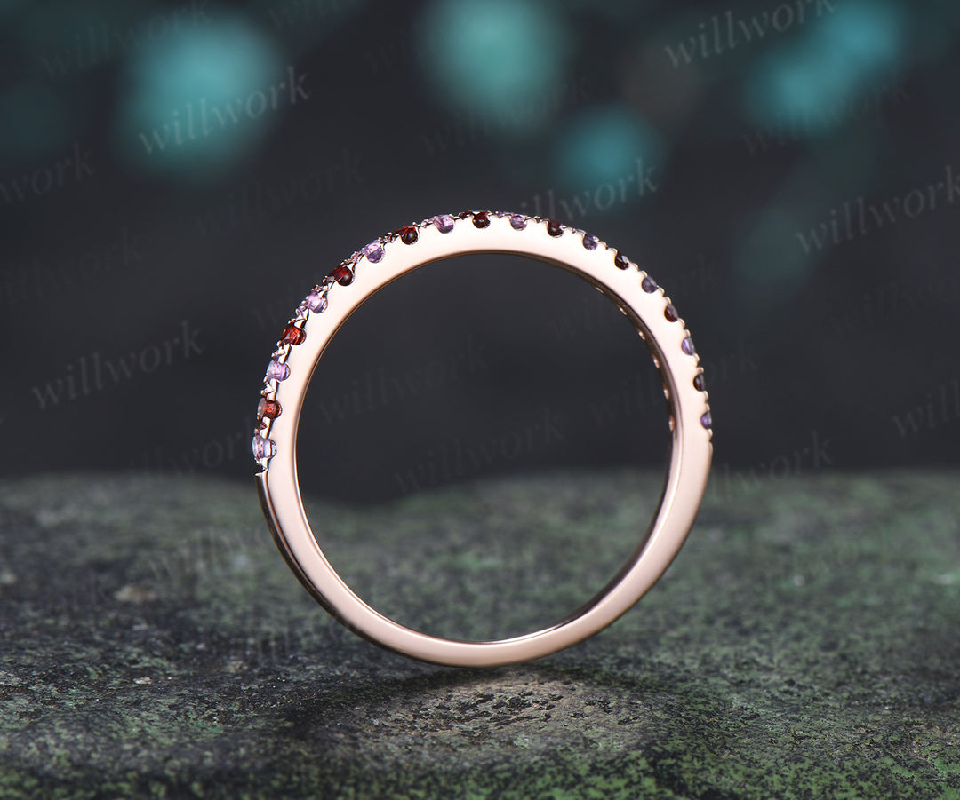 Natural Garnet Amethyst Wedding Band Round Cut Half Eternity Stacking Ring Minimalist Ring for Women