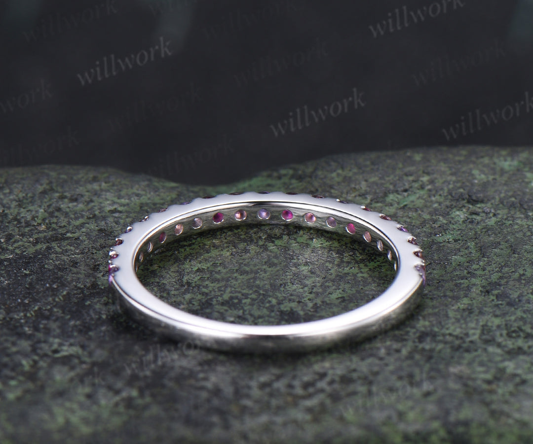 Minimalist Round Ruby Amethyst Pink Tourmaline Wedding Band Half Eternity Band Stacking Ring
