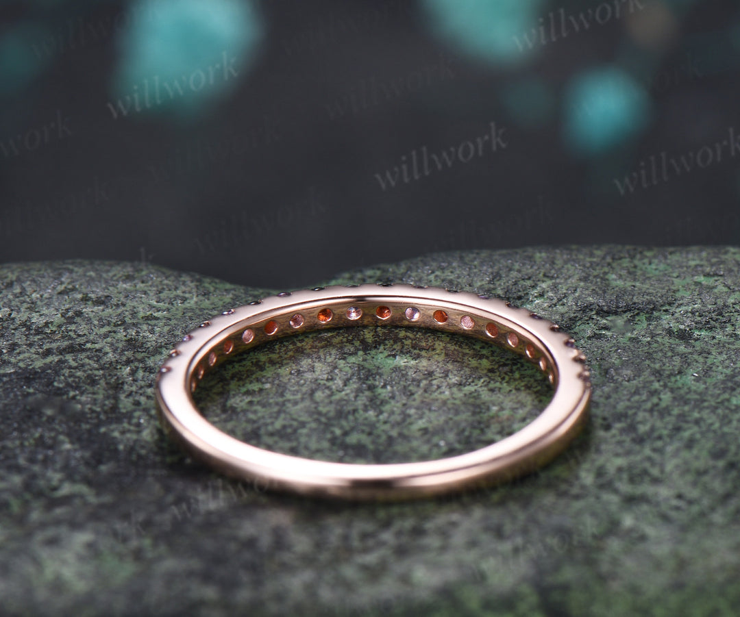 Natural Garnet Amethyst Wedding Band Round Cut Half Eternity Stacking Ring Minimalist Ring for Women