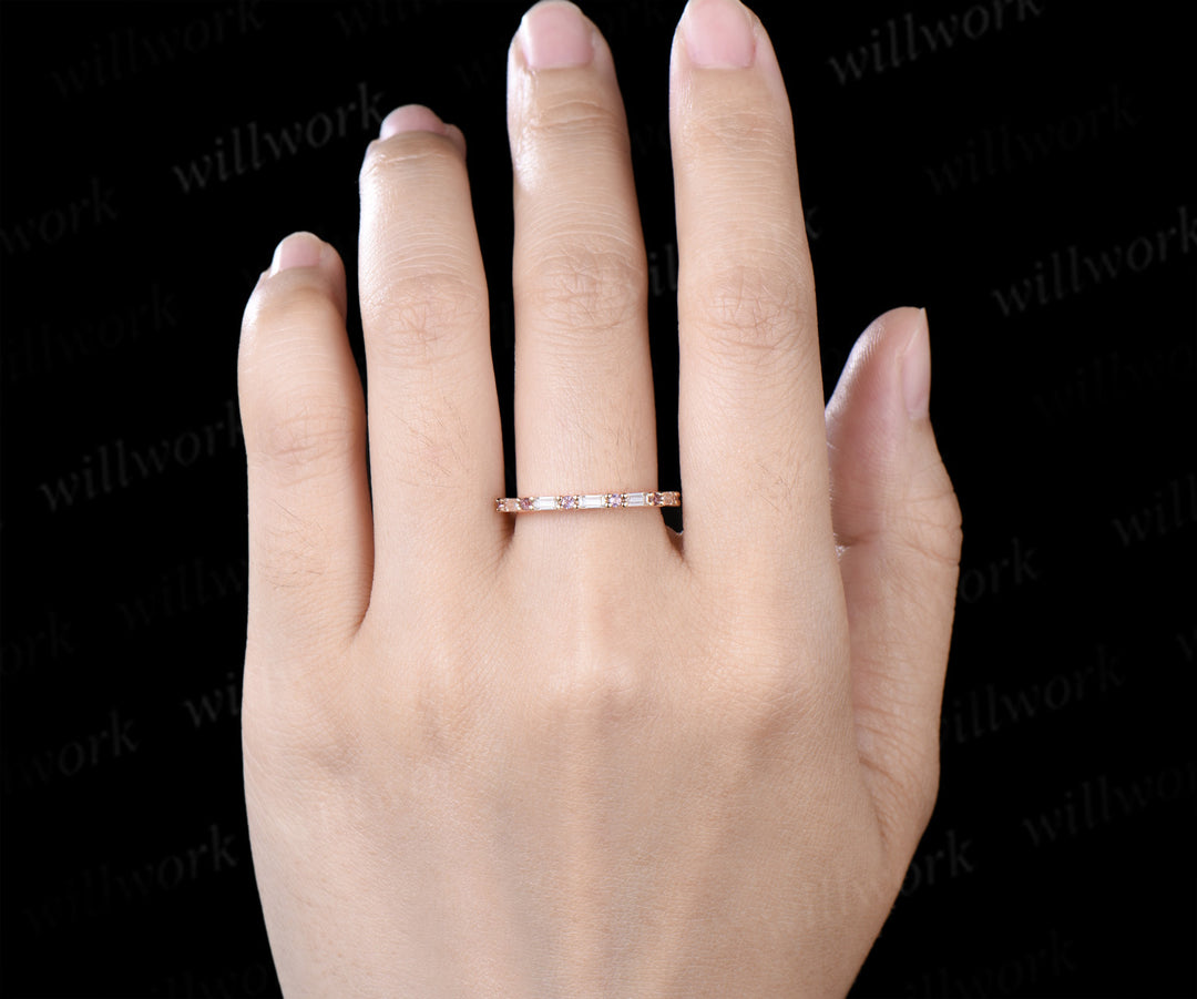 Dainty Baguette Cut Moissanite Amethyst Wedding Band Minimalist Half Eternity Band Stacking Ring for Women