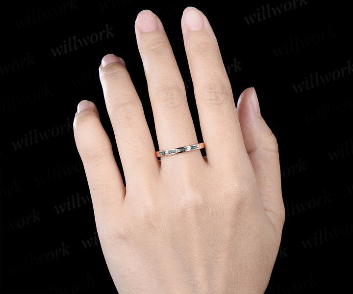 Dainty Baguette Cut Moss Agate Moissanite Wedding Band Minimalist Channel Setting Stacking Ring Gifts for Her