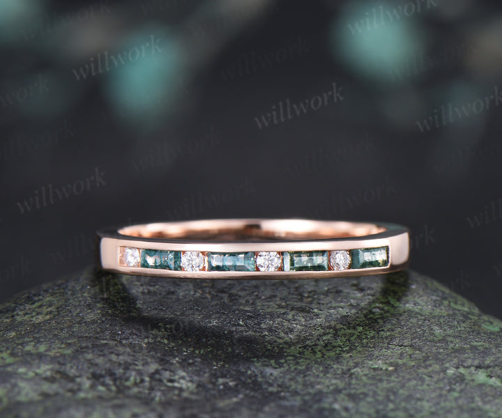 Dainty Baguette Cut Moss Agate Moissanite Wedding Band Minimalist Channel Setting Stacking Ring Gifts for Her