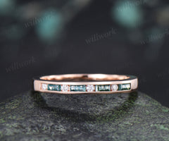 Dainty Baguette Cut Moss Agate Moissanite Wedding Band Minimalist Channel Setting Stacking Ring Gifts for Her