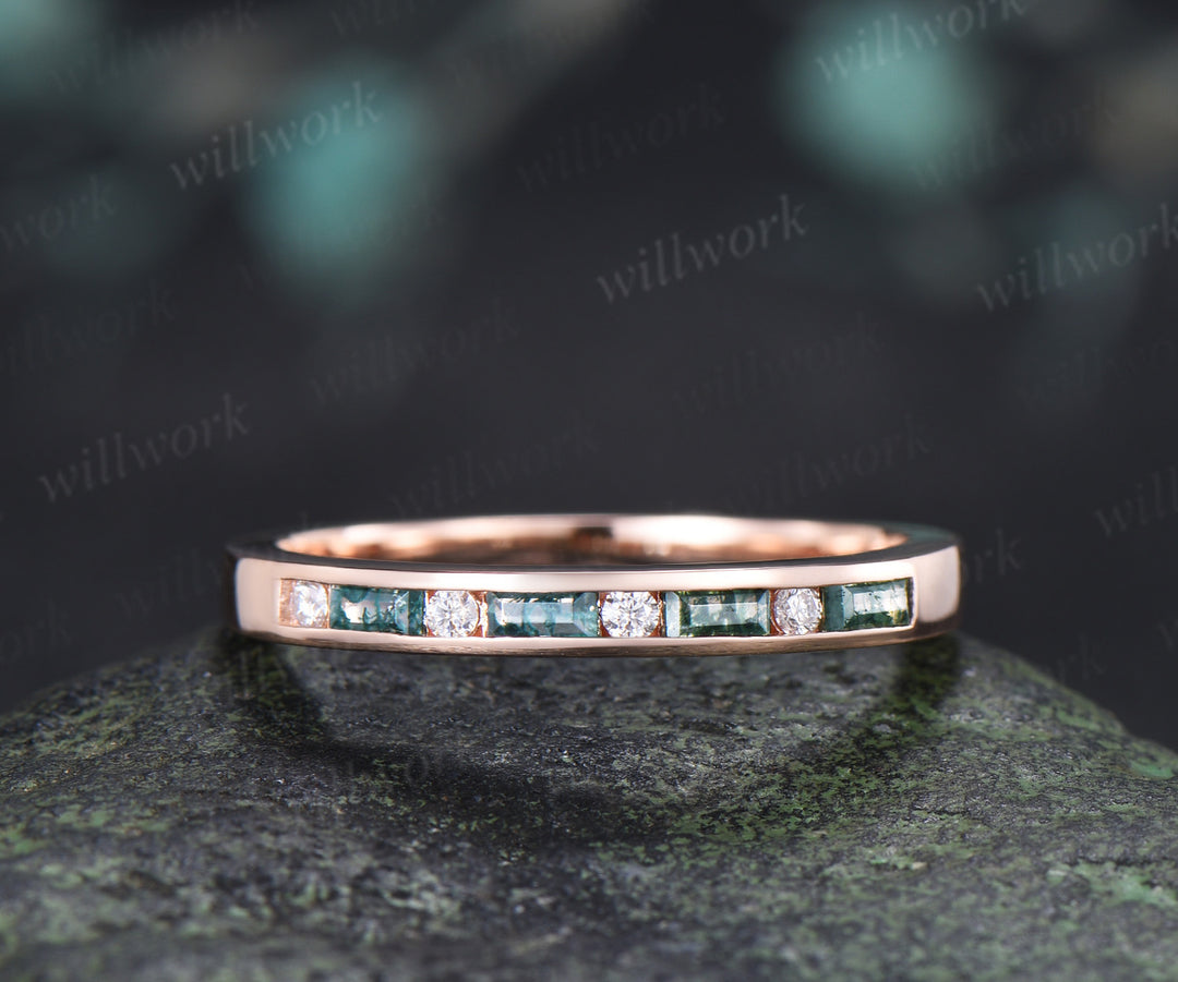 Baguette Cut Moss Agate Moissanite Wedding Band Channel Set Minimalist Stacking Ring