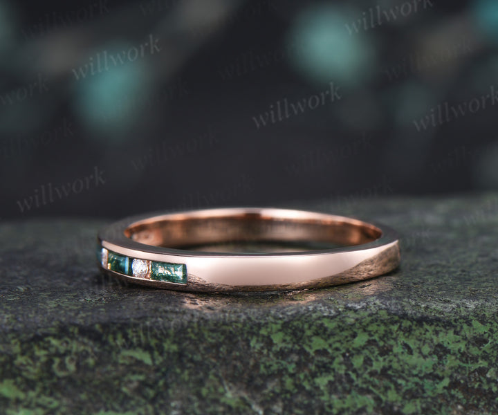Dainty Baguette Cut Moss Agate Moissanite Wedding Band Minimalist Channel Setting Stacking Ring Gifts for Her