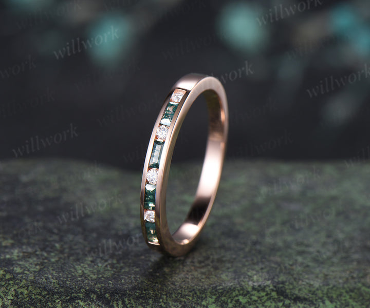Dainty Baguette Cut Moss Agate Moissanite Wedding Band Minimalist Channel Setting Stacking Ring Gifts for Her