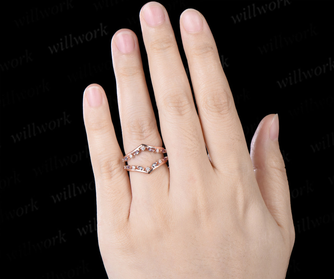 Double V-Shape Alexandrite Wedding Band Unique Art Deco Marquise Alexandrite Moissanite Ring Enhancer Vintage Wrap Guard Band