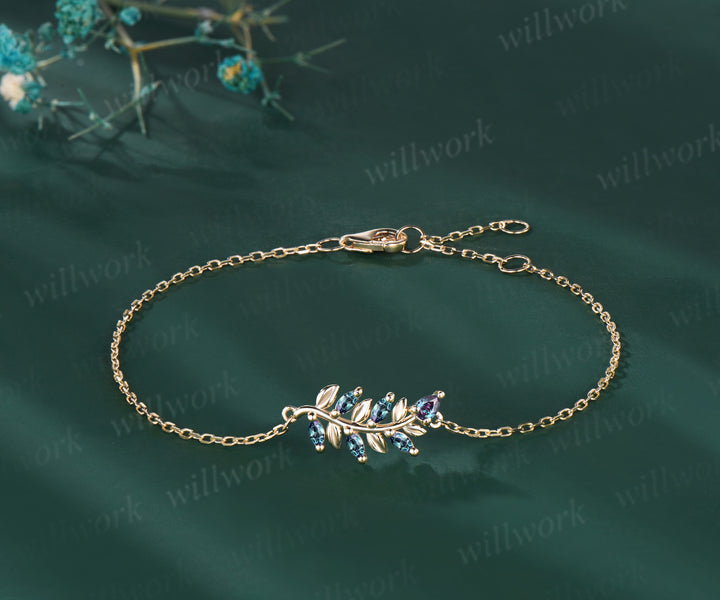 Marquise pear alexandrite leaf bracelet for women nature inspired color change gemstone jewelry