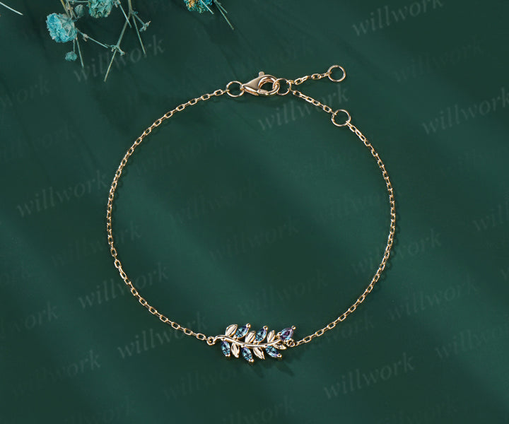 Marquise pear alexandrite leaf bracelet for women nature inspired color change gemstone jewelry