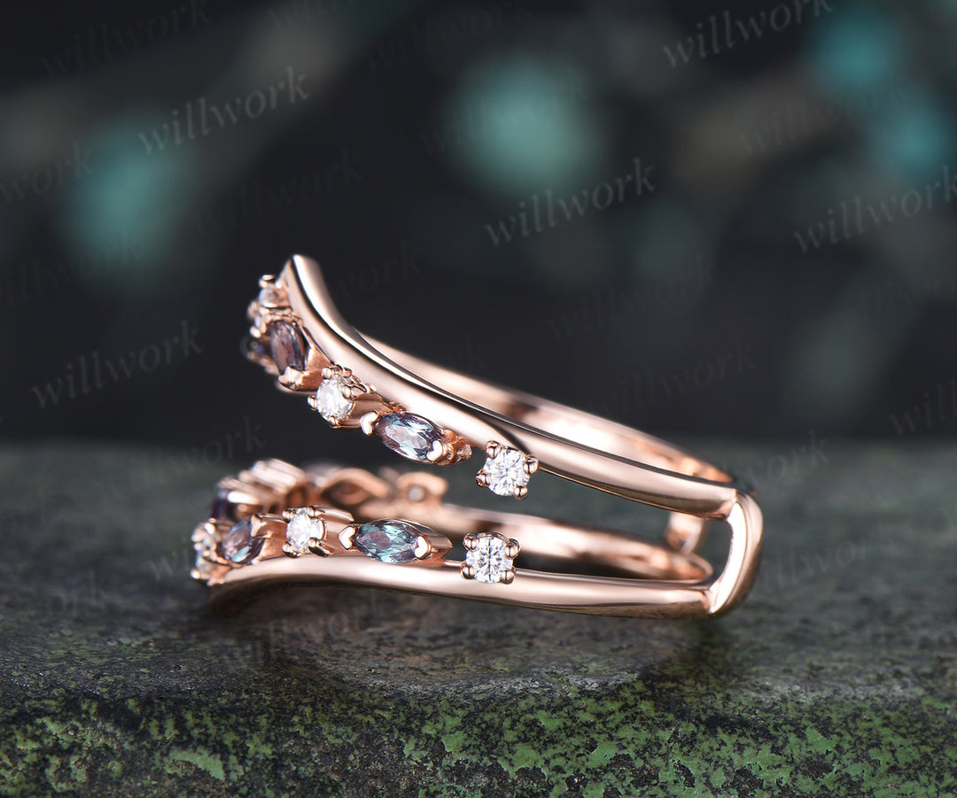 Double V-Shape Alexandrite Wedding Band Unique Art Deco Marquise Alexandrite Moissanite Ring Enhancer Vintage Wrap Guard Band