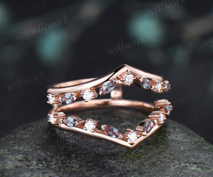 Double V-Shape Alexandrite Wedding Band Unique Art Deco Marquise Alexandrite Moissanite Ring Enhancer Vintage Wrap Guard Band
