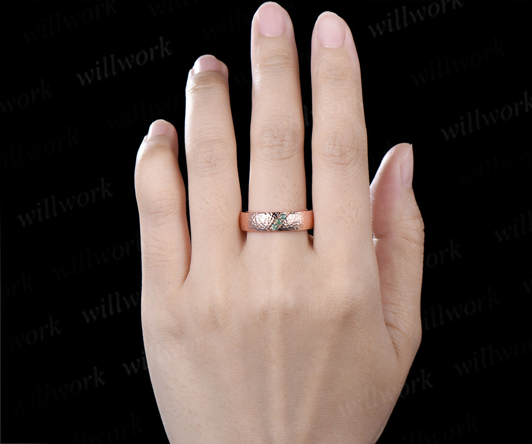 Round Moss Agate Men's Hammered Wedding Ring 5mm Band Width Anniversary Ring Band Gifts