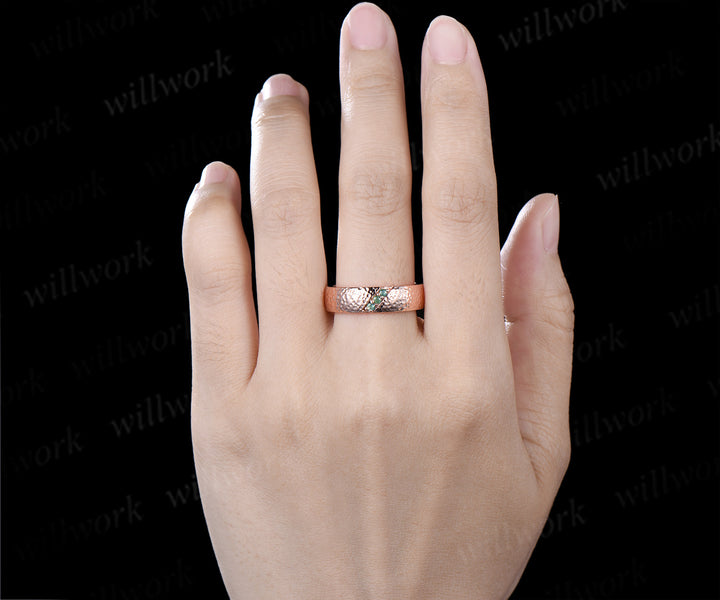 Round Moss Agate Men's Hammered Wedding Ring 5mm Band Width Anniversary Ring Band Gifts