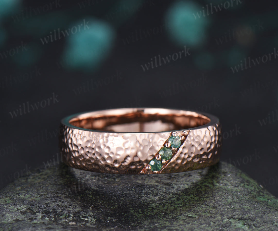 Round Moss Agate Men's Hammered Wedding Ring 5mm Band Width Anniversary Ring Band Gifts