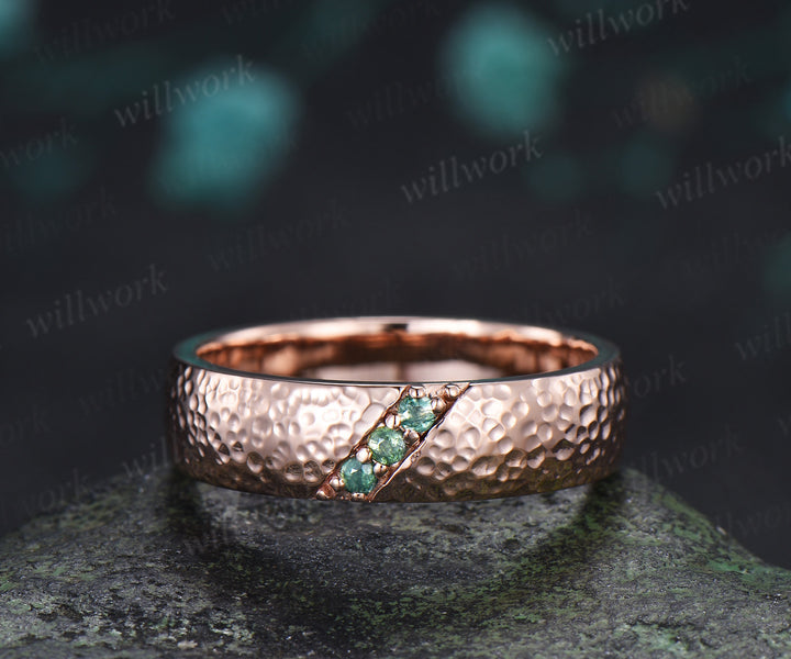Round Moss Agate Men's Hammered Wedding Ring 5mm Band Width Anniversary Ring Band Gifts