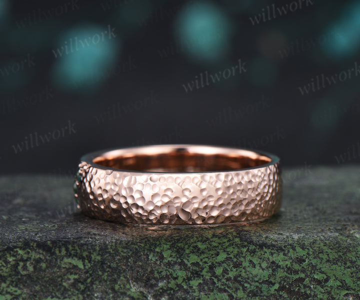 Round Moss Agate Men's Hammered Wedding Ring 5mm Band Width Anniversary Ring Band Gifts