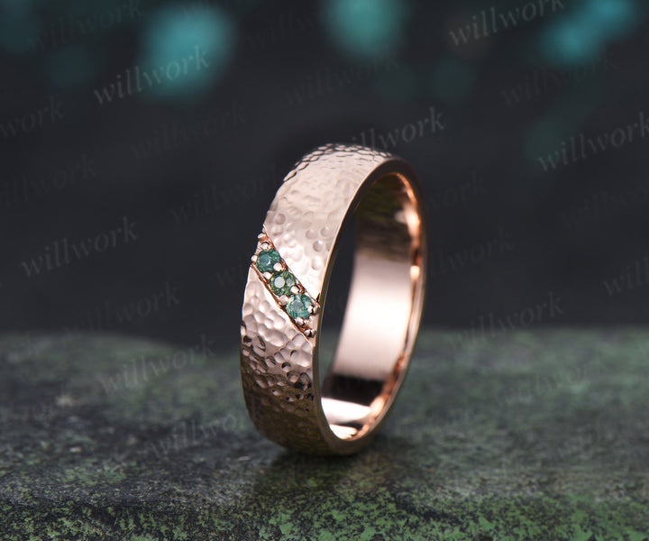 Round Moss Agate Men's Hammered Wedding Ring 5mm Band Width Anniversary Ring Band Gifts