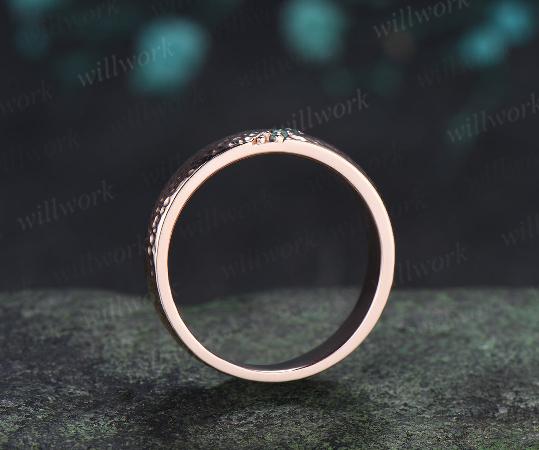 Round Moss Agate Men's Hammered Wedding Ring 5mm Band Width Anniversary Ring Band Gifts