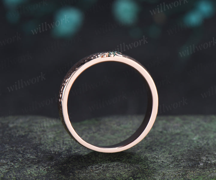 Round Moss Agate Men's Hammered Wedding Ring 5mm Band Width Anniversary Ring Band Gifts