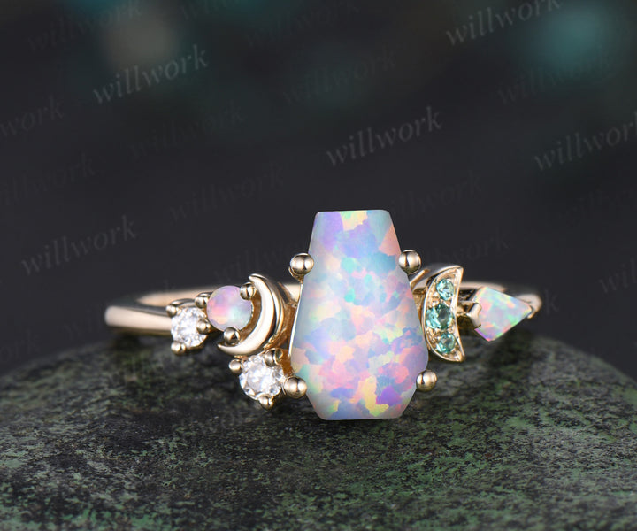 Kite Coffin white opal engagement ring 14k yellow gold cluster moon emerald wedding anniversary gift