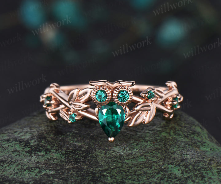 Pear Green Emerald Owl Engagement Ring 14k Gold Branch Leaf May Birthstone Wedding Ring Nature Inspired Ring Birthday Gift for Owl Lover