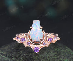 Kite coffin opal ring vintage bat moon opal engagement ring solid 14k rose gold amethyst unique wedding ring women