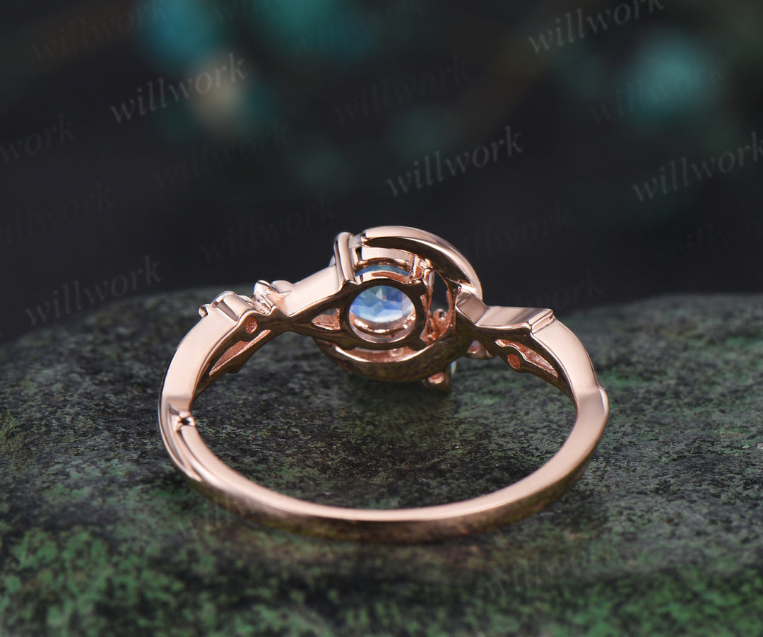 Round cut moonstone Engagement Ring vintage moon cluster opal ring women twig branch star vine moissanite anniversary gift