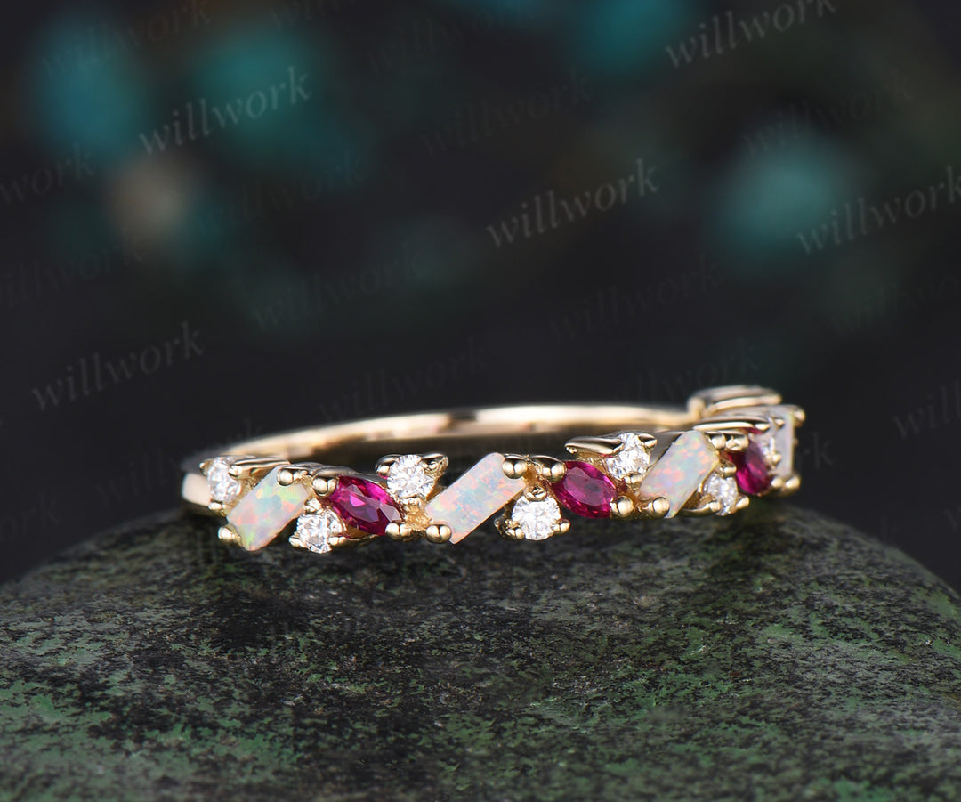 Cluster Baguette cut opal wedding band vintage marquise ruby Multi-Stone ring dainty Matching stacking moissanite Anniversary Gifts