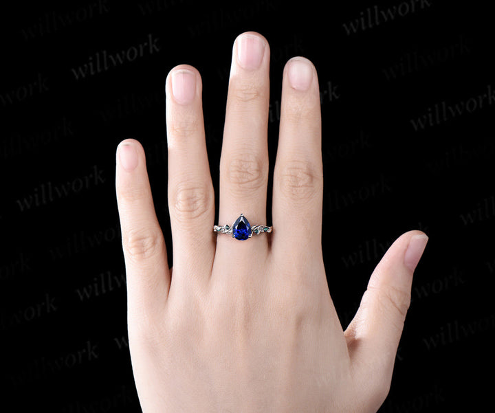 READY TO SHIP: Pear Cut Lab Sapphire Engagement Ring - Sterling Silver - Ring Size: 6.75 US