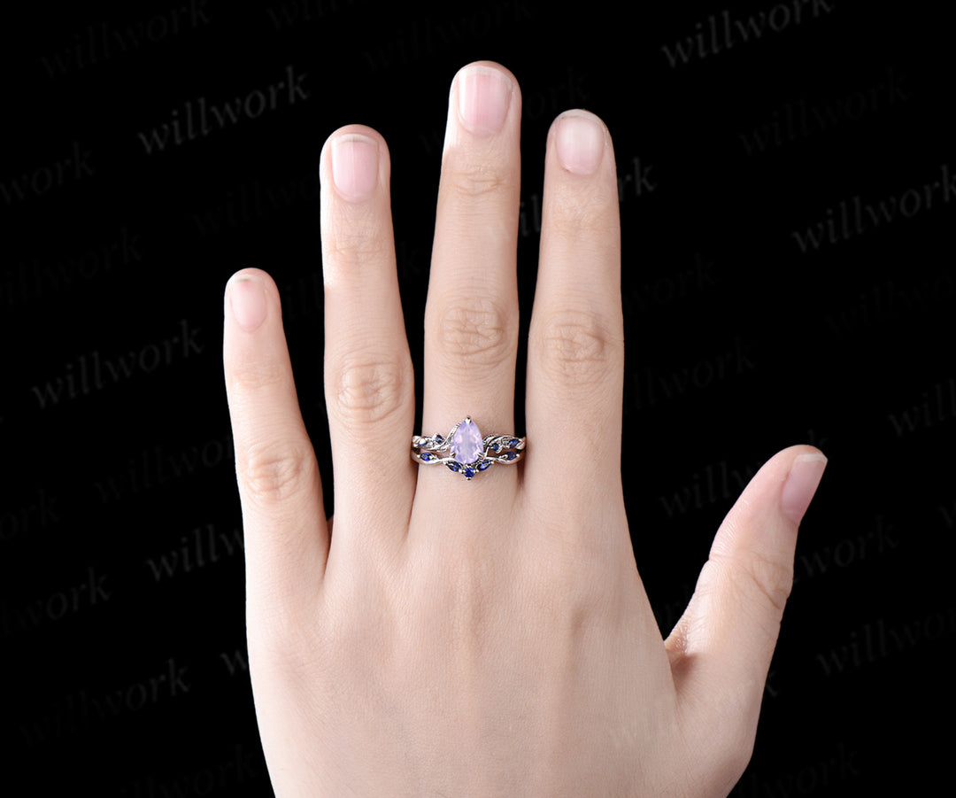 Pear cut Lavender Amethyst engagement ring 14k white gold five stone leaf branch Nature inspired blue Sapphire bridal ring set women gift