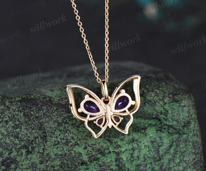 Teardrop pear Amethyst Butterfly Necklace Vintage 14K yellow Gold Vintage Purple Crystal Pendant Unique February Birthstone Gifts For Daughter