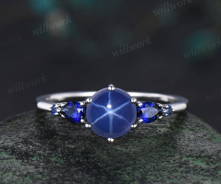 Round blue star sapphire ring vintage pear sapphire ring five stone blue gemstone ring opal wedding band engagement ring women bridal set