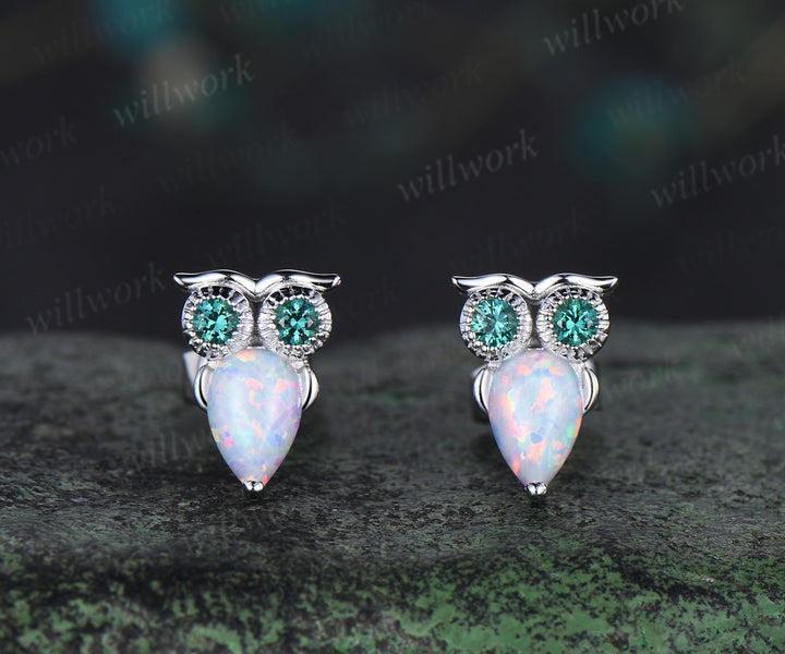 Pear White Opal Owl Earrings Emerald Owl Stud Earrings 14K Solid white Gold Animal Earrings Owl Lover Gift