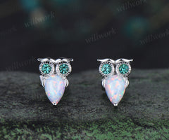 Pear White Opal Owl Earrings Emerald Owl Stud Earrings 14K Solid white Gold Animal Earrings Owl Lover Gift