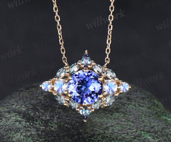 Vintage round cut natural Tanzanite necklace art deco moonstone alexandrite pendant white gold necklace anniversary birthday gifts for women