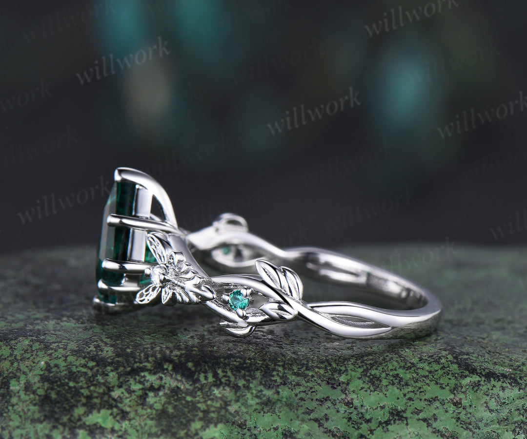 Art Filigree Kite Cut Emerald Engagement Ring 14k white Gold Butterfly Moissanite Wedding Ring Boho Ring May Birthstone Butterfly Jewelry