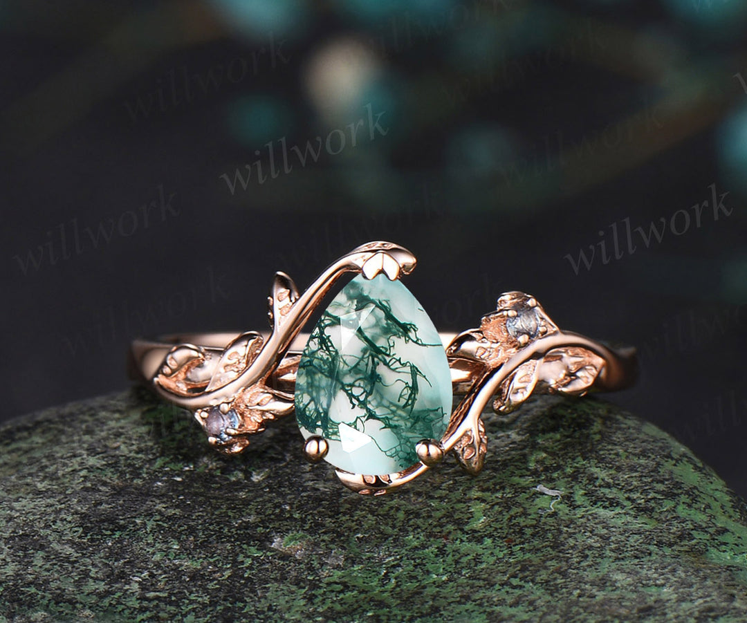 Vintage pear moss agate engagement ring 14k rose gold cluster leaf nature inspired bridal promise wedding ring set women