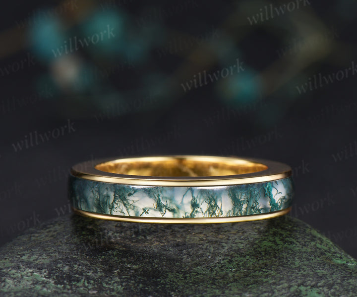 Full eternity natural moss agate wedding ring mens solid 14k 18k white gold unique wedding bridal ring women