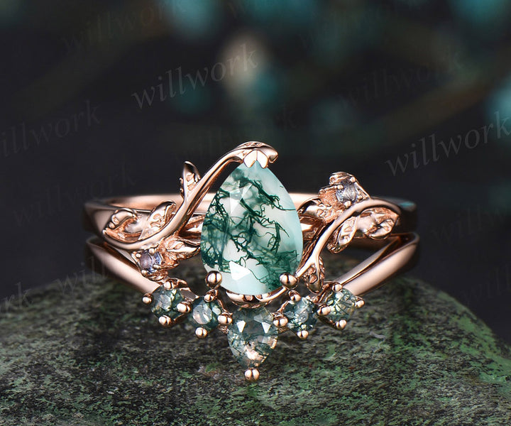 Vintage pear moss agate engagement ring 14k rose gold cluster leaf nature inspired bridal promise wedding ring set women