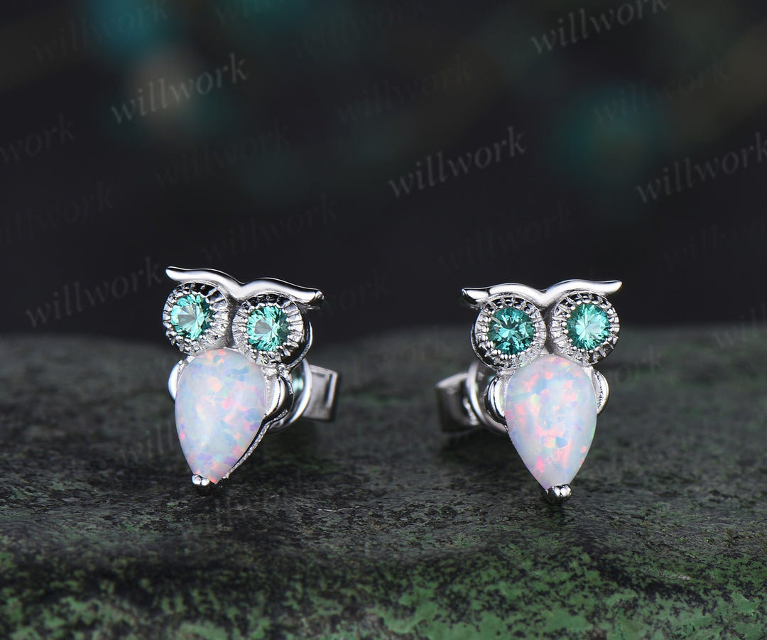 Pear White Opal Owl Earrings Emerald Owl Stud Earrings 14K Solid white Gold Animal Earrings Owl Lover Gift