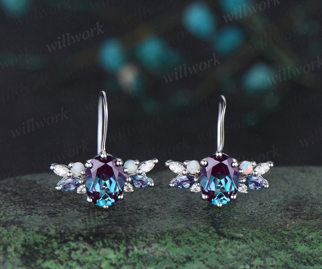 Oval cut alexandrite Stud Earrings white gold cluster opal moissanite Earrings women anniversary gifts