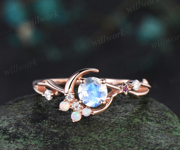 Round cut moonstone Engagement Ring vintage moon cluster opal ring women twig branch star vine moissanite anniversary gift